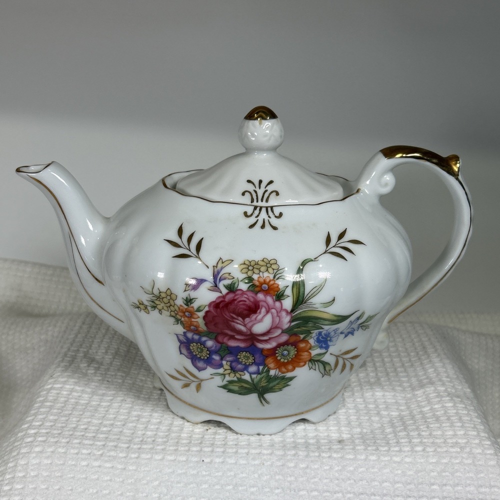 Vintage Musical Teapot Japan Floral Porcelain Gold Trim Wind Up Music Hand Paint
